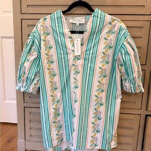 NWT Brooke Wright Green and White Striped Lemon Floral Blouse